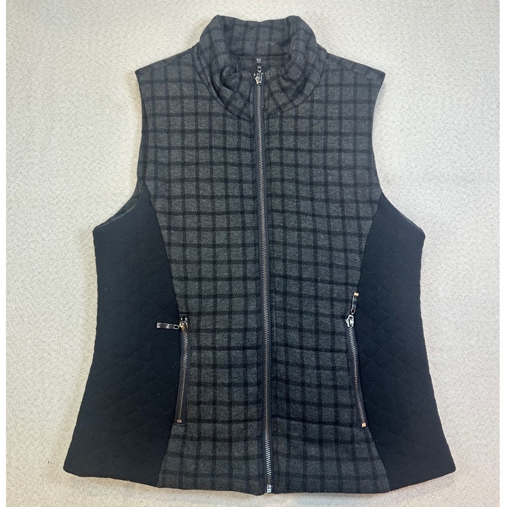 Lemon Tart Vest Women M Gray Plaid Rayon Blend Quilted Zip Mock Neck Preppy Chic
